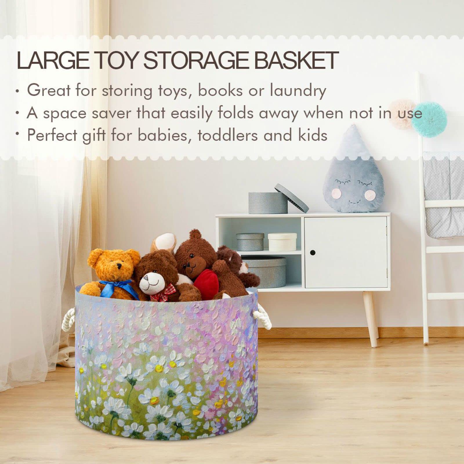 ALAZA Large Storage Basket for Toys Spring Wildflowers White Flowers Round Blanket Basket Baby Laundry Hamper Canvas Organizer Bin Box Cotton Rope Collapsible Bucket Pillow Home Decor