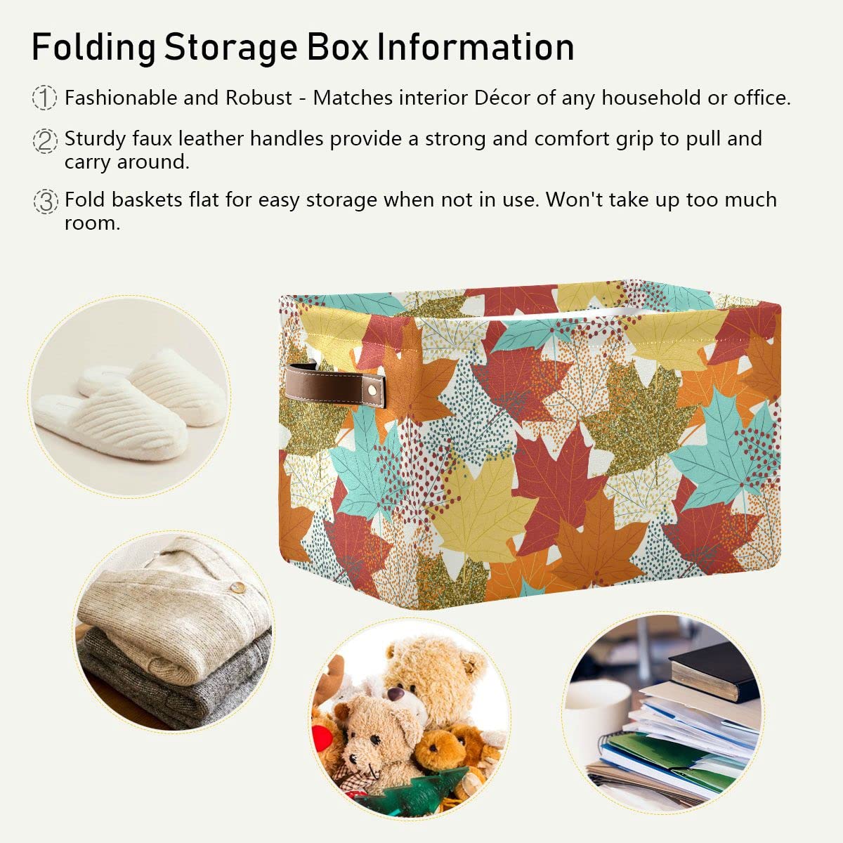 Fall Maple Leaves Storage Basket Fabric Storage Bin Laundry Baskets Autumn Pumpkin Foldable Storage Boxes Organizer Bag for Baby Cloth Dog Toy Book Storage Cubes Shelf Closet Basket 16×12×8 Inches