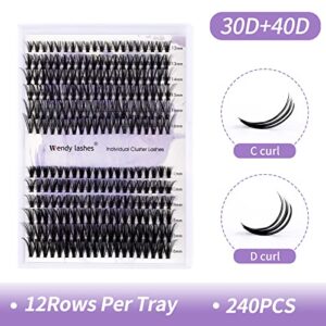 Individual Cluster Lashes 30D/40D Mixed Natural Eyelash Clusters C/D Curl 0.07mm Matte Black Soft 12-16mm Mink DIY Individual Eyelashes Cluster Lashes Extension By Wendy Lashes (30/40D-D)