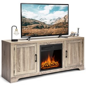 tangkula 58-inch fireplace tv stand, media entertainment center with tvs up to 65 inches, 750w/1500w 18-inch electric fireplace with 7-level flame brightness, dual control, farmhouse tv console