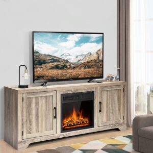 Tangkula 58-Inch Fireplace TV Stand, Media Entertainment Center with TVs up to 65 Inches, 750W/1500W 18-Inch Electric Fireplace with 7-Level Flame Brightness, Dual Control, Farmhouse TV Console