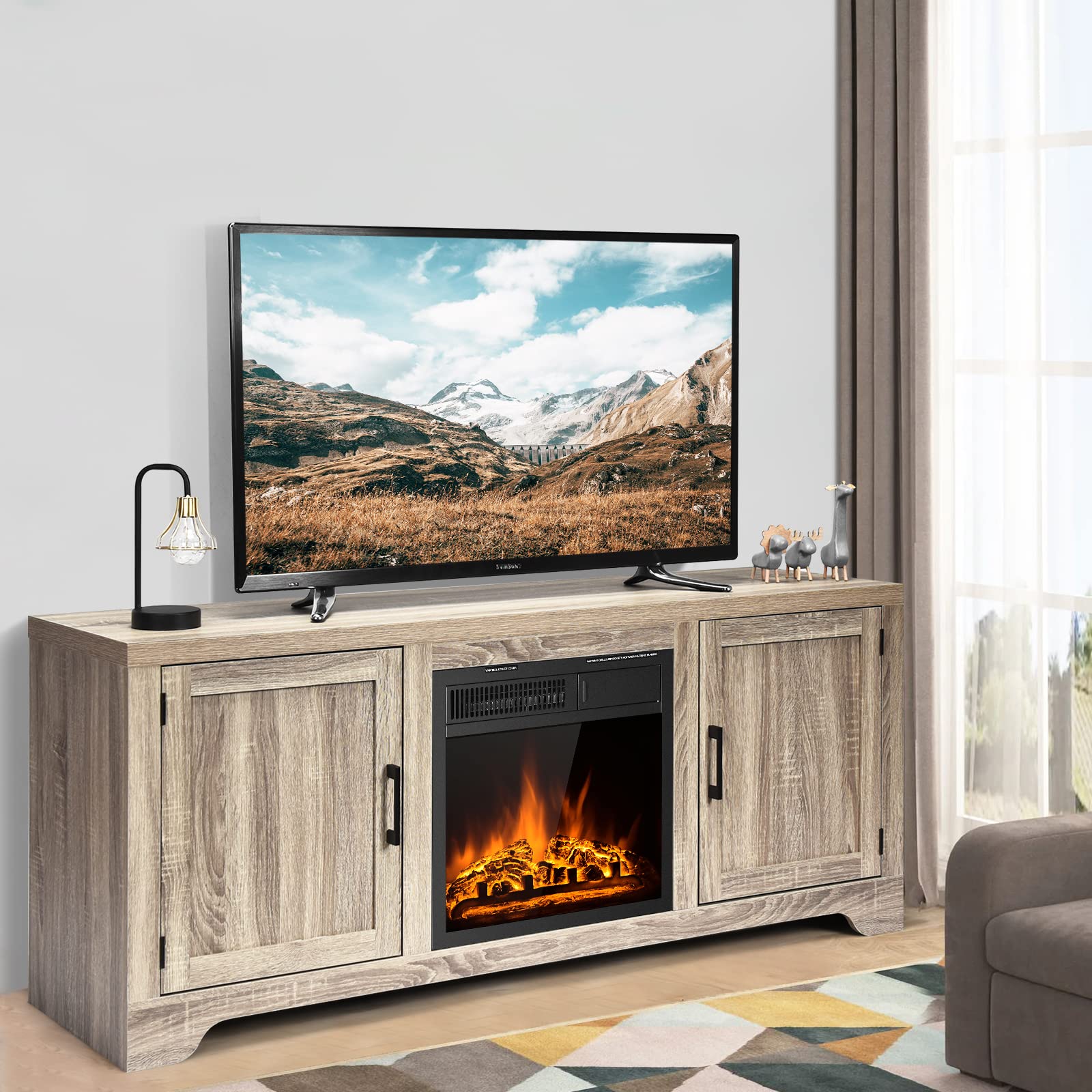 Tangkula 58-Inch Fireplace TV Stand, Media Entertainment Center with TVs up to 65 Inches, 750W/1500W 18-Inch Electric Fireplace with 7-Level Flame Brightness, Dual Control, Farmhouse TV Console