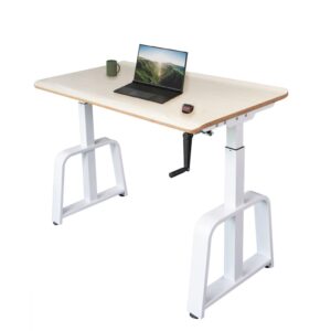 stand up desk store crank adjustable ergonomic standing desk (white frame/antique birch desktop, 48” wide)
