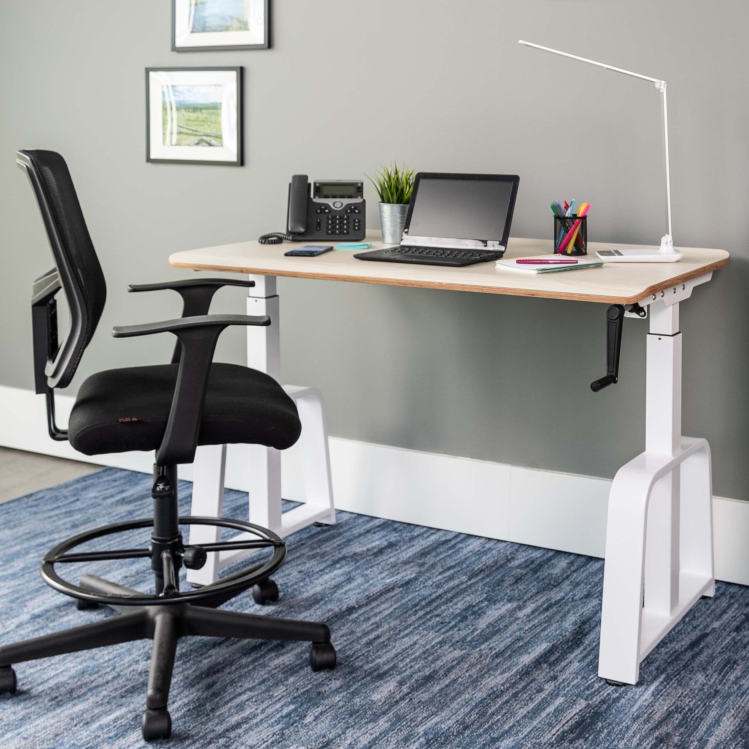 Stand Up Desk Store Crank Adjustable Ergonomic Standing Desk (White Frame/Antique Birch Desktop, 48” Wide)