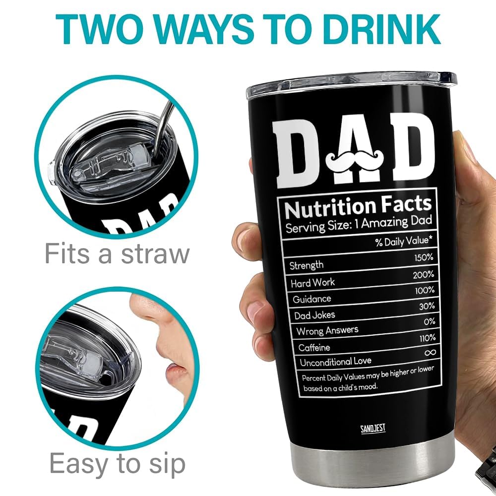 SANDJEST Dad Tumbler Gifts for Dad from Daughter, Son - Dad Nutrition Facts 20oz Stainless Steel Insulated Coffee Travel Mug Christmas, Birthday, Father's Day Gift