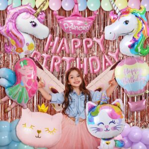 unicorn birthday decorations for girls: wearable butterfly wing, warm butter pastel balloon garland, huge foil balloon, balloon pump (thank me later), magical girl's birthday decorations.