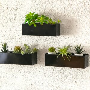 LaLaGreen Wall Planter (3 Pack, 12 Inch) Large Wall Mount Succulent Planters Black, Wall Hanging Rectangular Metal Flower Pot Window Planter Box Fence Railing Minimalist Floating Shelve Indoor Outdoor