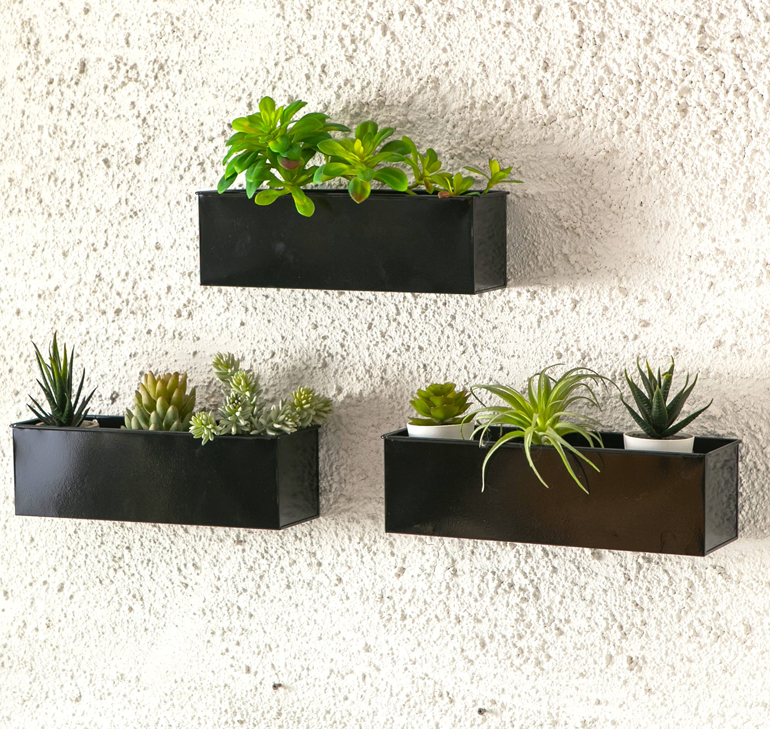LaLaGreen Wall Planter (3 Pack, 12 Inch) Large Wall Mount Succulent Planters Black, Wall Hanging Rectangular Metal Flower Pot Window Planter Box Fence Railing Minimalist Floating Shelve Indoor Outdoor