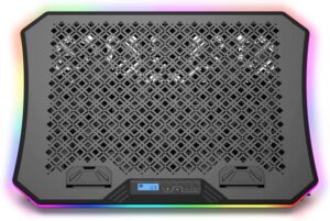 aluratek ergonomic usb laptop cooling pad with rgb lights (10 patterns), 3 quiet fans, smart phone, portable, adjustable height, supports up to 19" laptops (acprgb01f), black
