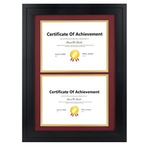 golden state art, 14x20 double diploma frame, black frame to dispalay double 8.5x11 document with red over gold mat, solid wood & tempered glass protection