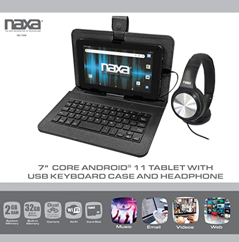 Naxa NID-7056 Android 11 Tablet with 7” HD TN Screen USB Keyboard Case and Headphone, 1.6 GHz Quad Core Processor, 2GB Ram, 32GB Storage, Front and Rear Cameras, Speaker and Microphone, Black