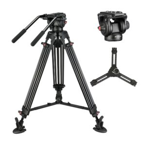 magicline 65.7 inch heavy duty aluminum video camera tripod with fluid head, 2 pan bar handles, adjustable mid-level spreader，qr plate, max load 26.5 lb for canon nikon sony dslr camcorder cameras