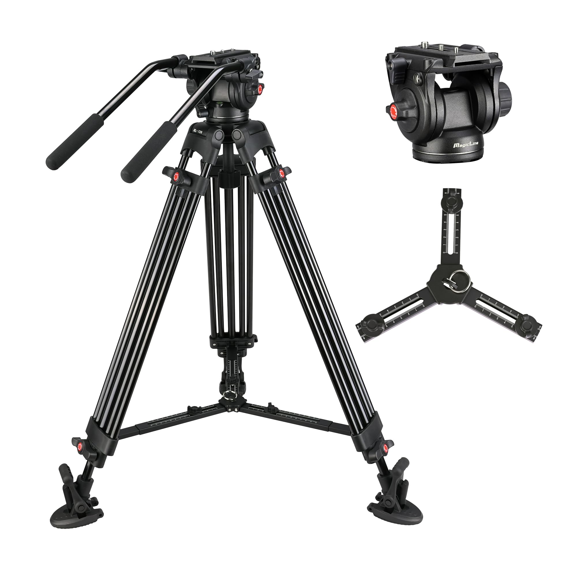 MagicLine 65.7 inch Heavy Duty Aluminum Video Camera Tripod with Fluid Head, 2 Pan Bar Handles, Adjustable Mid-Level Spreader，QR Plate, Max Load 26.5 LB for Canon Nikon Sony DSLR Camcorder Cameras