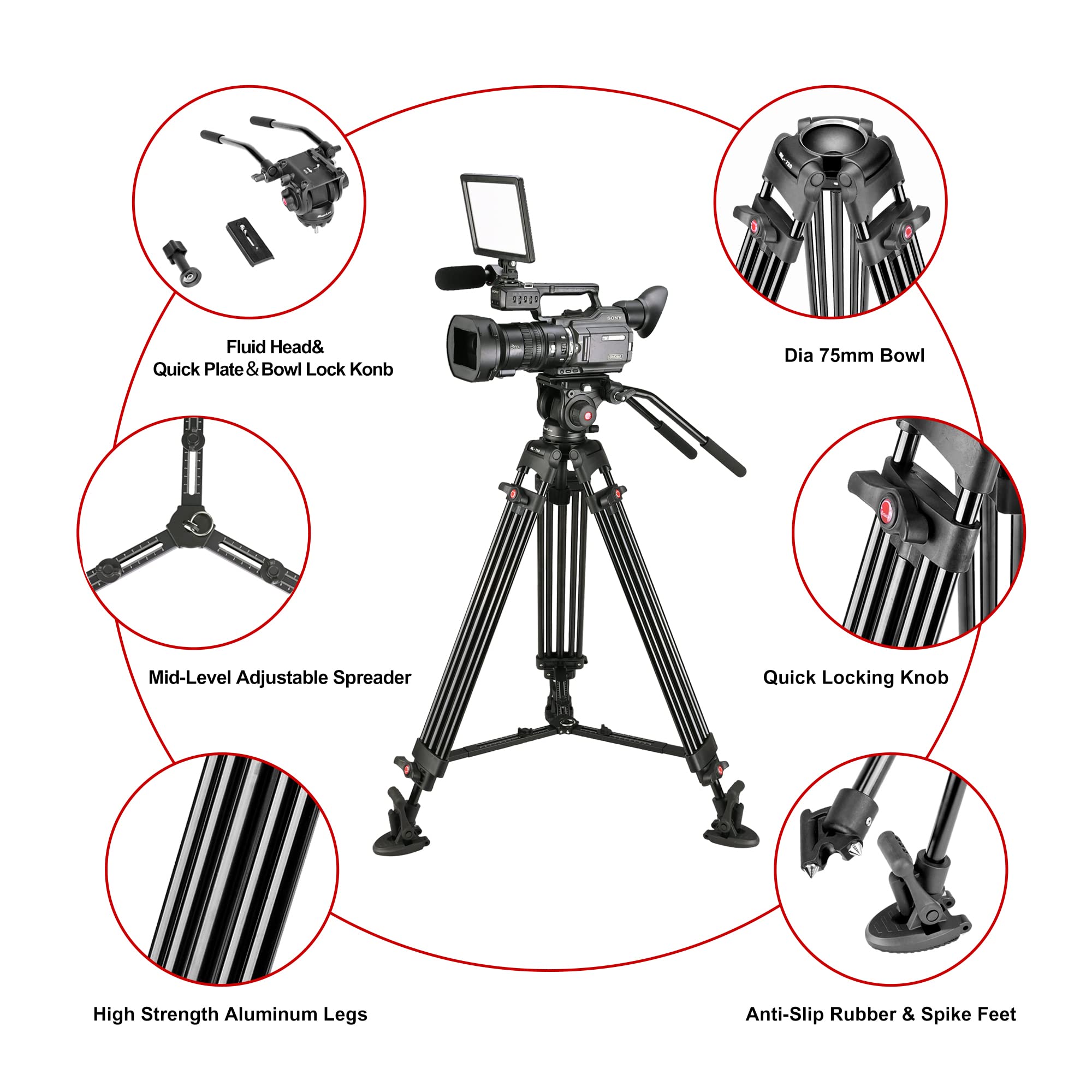 MagicLine 65.7 inch Heavy Duty Aluminum Video Camera Tripod with Fluid Head, 2 Pan Bar Handles, Adjustable Mid-Level Spreader，QR Plate, Max Load 26.5 LB for Canon Nikon Sony DSLR Camcorder Cameras