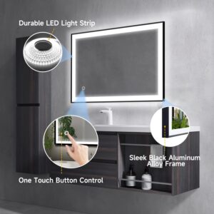 UNIQUE PLUS LIFE 20 x 28 Inch LED Bathroom Mirror with Lights, Anti-Fog Mirror for Bathroom, Black Framed Bathroom Vanity Mirror with Touch Button, Dimmable Lights Makeup Mirror, CRI 90+