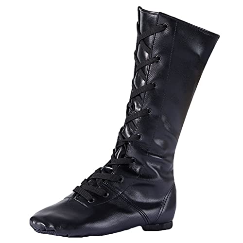 Jazz Dance Boots High Top Leather Modern Dance Shoes Split Sole Lace-Up Buffer for Child Adult Women,Black,5