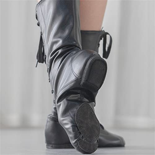 Jazz Dance Boots High Top Leather Modern Dance Shoes Split Sole Lace-Up Buffer for Child Adult Women,Black,5