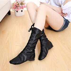 Jazz Dance Boots High Top Leather Modern Dance Shoes Split Sole Lace-Up Buffer for Child Adult Women,Black,5