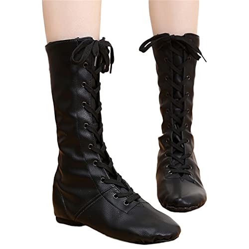 Jazz Dance Boots High Top Leather Modern Dance Shoes Split Sole Lace-Up Buffer for Child Adult Women,Black,5