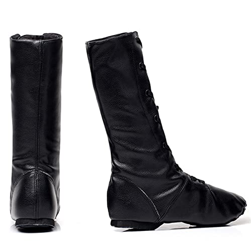 Jazz Dance Boots High Top Leather Modern Dance Shoes Split Sole Lace-Up Buffer for Child Adult Women,Black,5