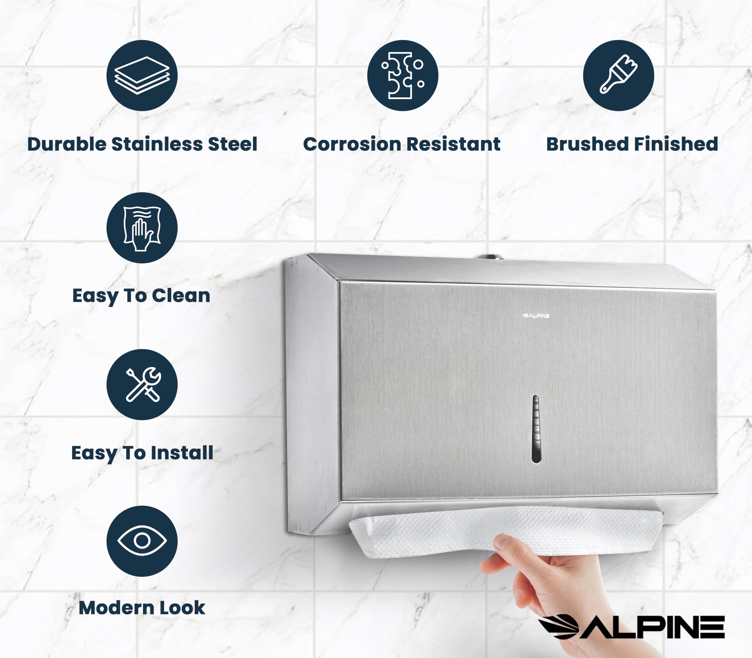 Alpine Commercial Paper Towel Dispenser Wall Mount for Multifold, Trifold & c Fold Paper Towel Holder - Stainless Steel Hand Towel Dispenser for Bathroom & Kitchen A