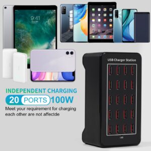 20-Port 100 W(20 A) Multiple USB Charger Station，RISWOJOR Multiport USB Charging Station with Intelligent Detection, Compatible with Smartphones, Tablets, and More Devices