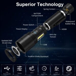 BERCOL Rechargeable Flashlights High Lumen, 990,000 Lumens Super Bright Magnetic Flash Light, 7 Modes with Cob Work Light, Powerful Led Flashlight with Holster for Camping, Emergencies, Home