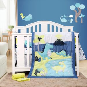 8 pc dinosaur crib bedding set for baby boys, blue nursery set with quilt/sheet/dust ruffle/blanket/diaper stacker/3 wall stickers, (0363)