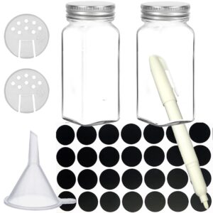 jzmyxa 2-pack glass spice jars set, with spice labels, chalk marker, funnel, shaker lids and airtight metal caps included, 4oz empty spice bottles, square/cylinder (square)
