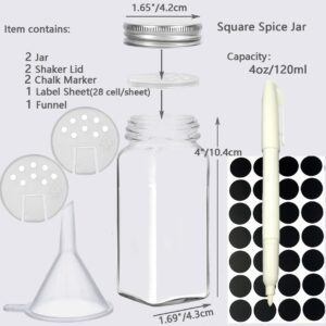 JZMYXA 2-Pack Glass Spice Jars Set, With Spice Labels, Chalk Marker, Funnel, Shaker Lids and Airtight Metal Caps Included, 4oz Empty Spice Bottles, Square/Cylinder (Square)