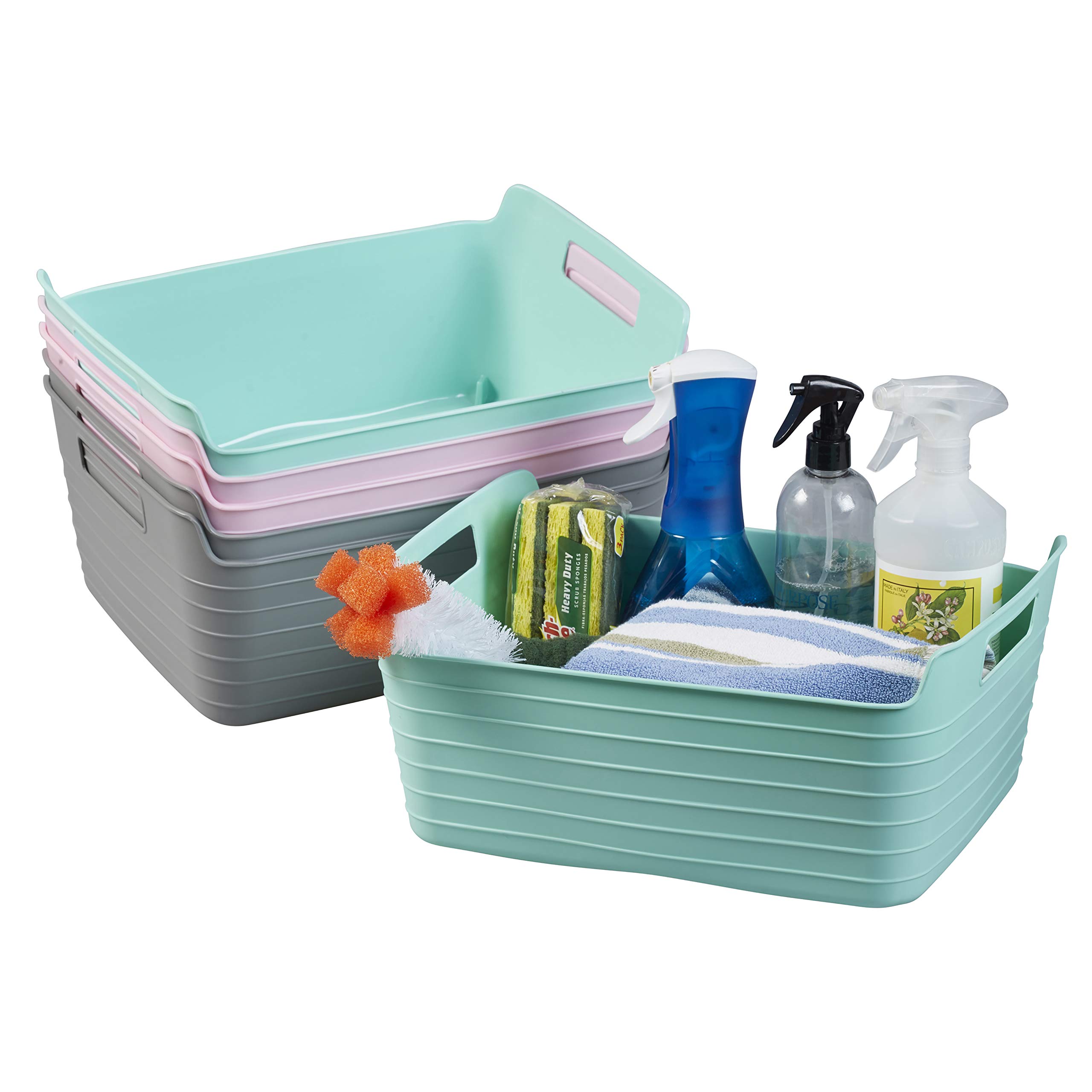 ECR4Kids Bendi-Bins with Handles, Flexible Plastic Storage Baskets for Multipurpose Use, Stackable Storage Organizer, 14.6in x 11.4in, 6-Piece - Pastel