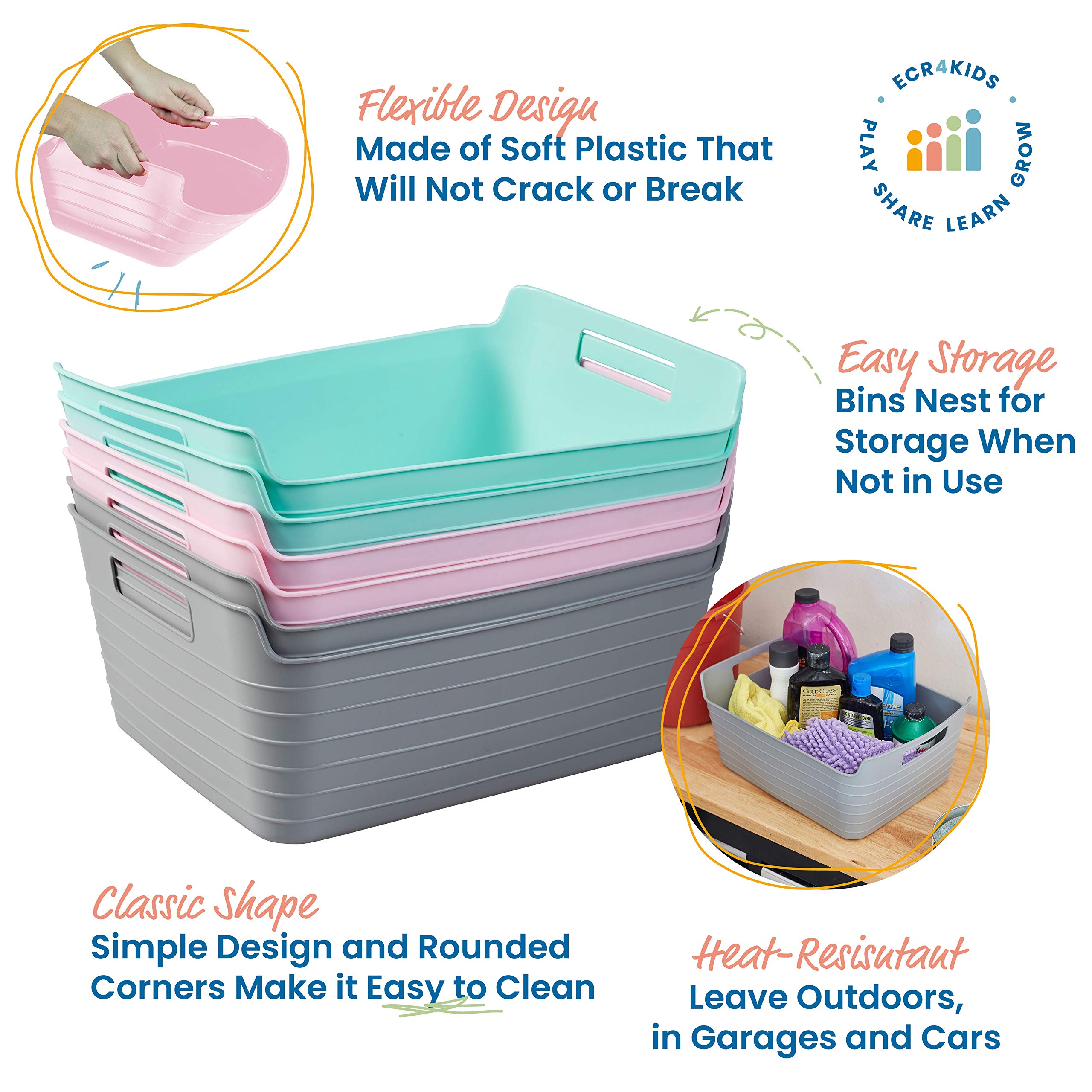 ECR4Kids Bendi-Bins with Handles, Flexible Plastic Storage Baskets for Multipurpose Use, Stackable Storage Organizer, 14.6in x 11.4in, 6-Piece - Pastel