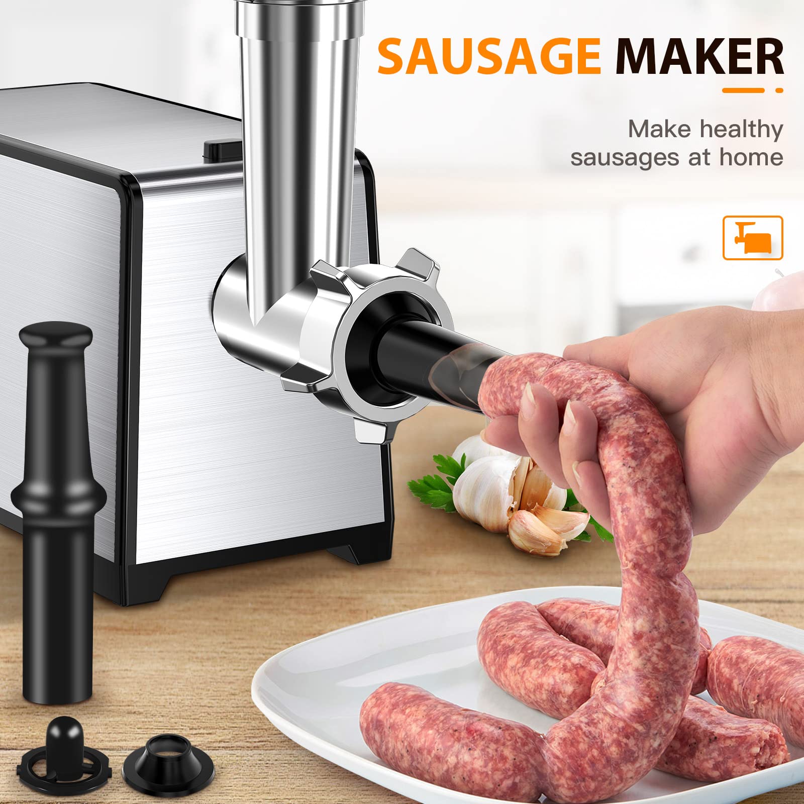 2500W Electric Meat Grinder, Sausage Stuffer Maker, Stainless Steel Food Grinder with Sausage Tube Kubbe Maker for Home Kitchen Use