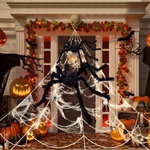 2023 spider webs halloween decorations with 200" triangular huge spider web, 2 giant spiders, 40ft stretch webs, small spiders, hook and stakes for halloween yard haunted house décor indoor & outdoor