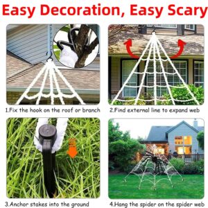 2023 Spider Webs Halloween Decorations with 200" Triangular Huge Spider Web, 2 Giant Spiders, 40ft Stretch Webs, Small Spiders, Hook and Stakes for Halloween Yard Haunted House Décor Indoor & Outdoor