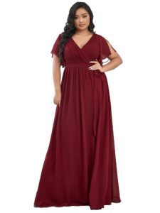 ever-pretty plus women's v-neck a-line ruched bust ruffle sleeves plus size maxi formal evening gown burgundy us20