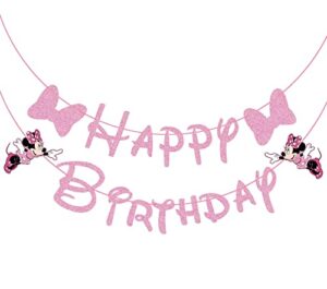 gogoparty pink mouse happy birthday banner, mouse decoration pink themed birthday banner for girl kids birthday party baby shower decorations