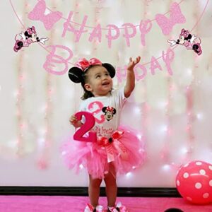 GOGOPARTY Pink Mouse Happy Birthday Banner, Mouse Decoration Pink Themed Birthday Banner For Girl Kids Birthday Party Baby Shower Decorations