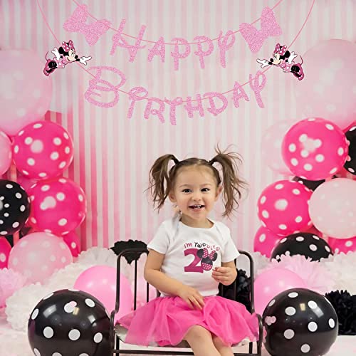 GOGOPARTY Pink Mouse Happy Birthday Banner, Mouse Decoration Pink Themed Birthday Banner For Girl Kids Birthday Party Baby Shower Decorations