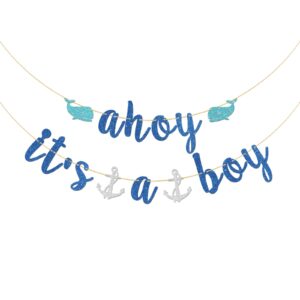 Halawawa Blue Glitter Ahoy It's a Boy Banner - Nautical Theme Baby Shower/Gender Reveal Party Decoration Banner - Welcome Baby Boy, Boy Gender Reveal, 1st Birthday Party Decors for Boys