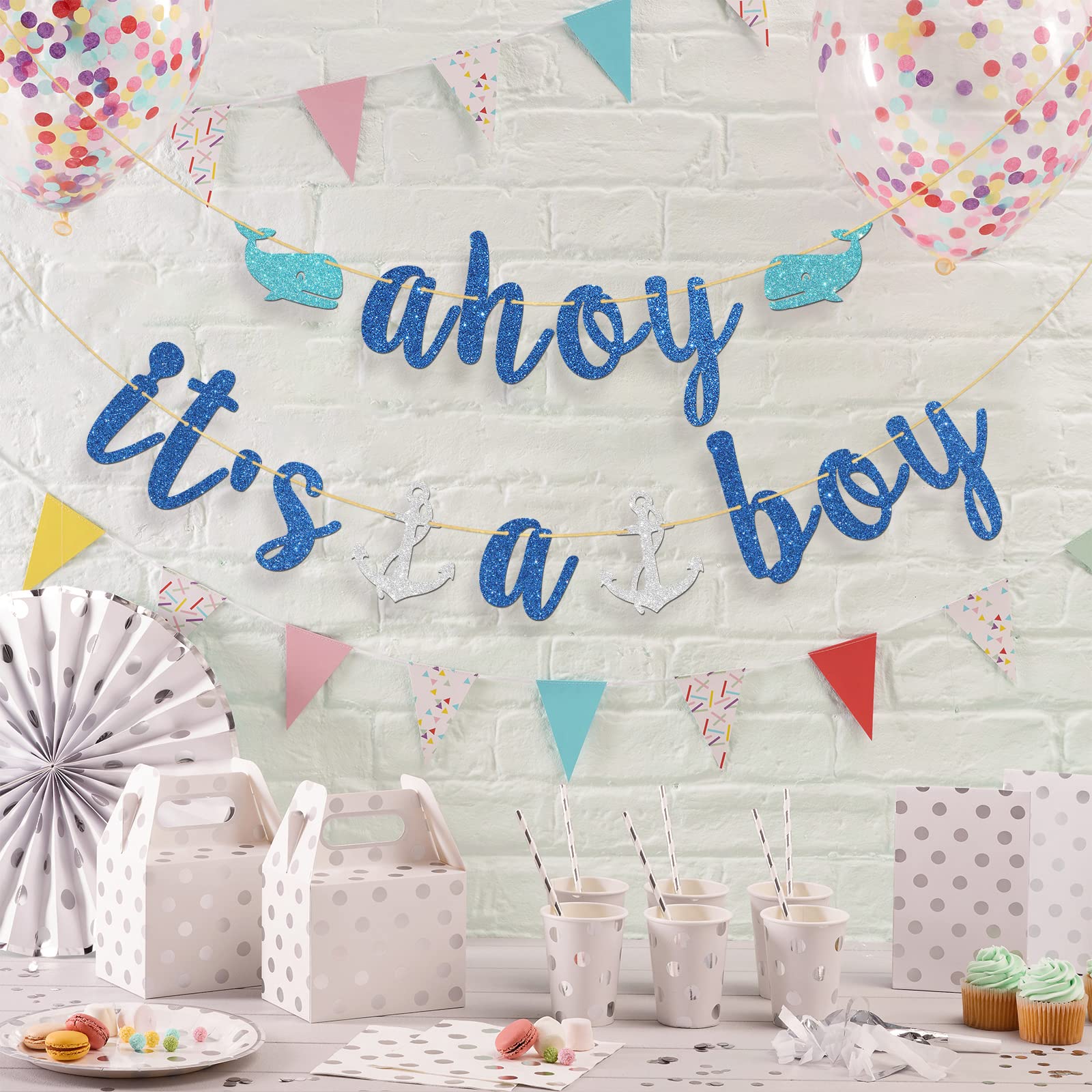 Halawawa Blue Glitter Ahoy It's a Boy Banner - Nautical Theme Baby Shower/Gender Reveal Party Decoration Banner - Welcome Baby Boy, Boy Gender Reveal, 1st Birthday Party Decors for Boys