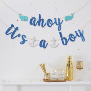 Halawawa Blue Glitter Ahoy It's a Boy Banner - Nautical Theme Baby Shower/Gender Reveal Party Decoration Banner - Welcome Baby Boy, Boy Gender Reveal, 1st Birthday Party Decors for Boys