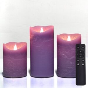 battery operated led flameless pillar candles with timer and remote flickering electric bright real wax candles for home decor wedding birthday party decorations, 3pack d 3" x h 4"5"6"(purple)