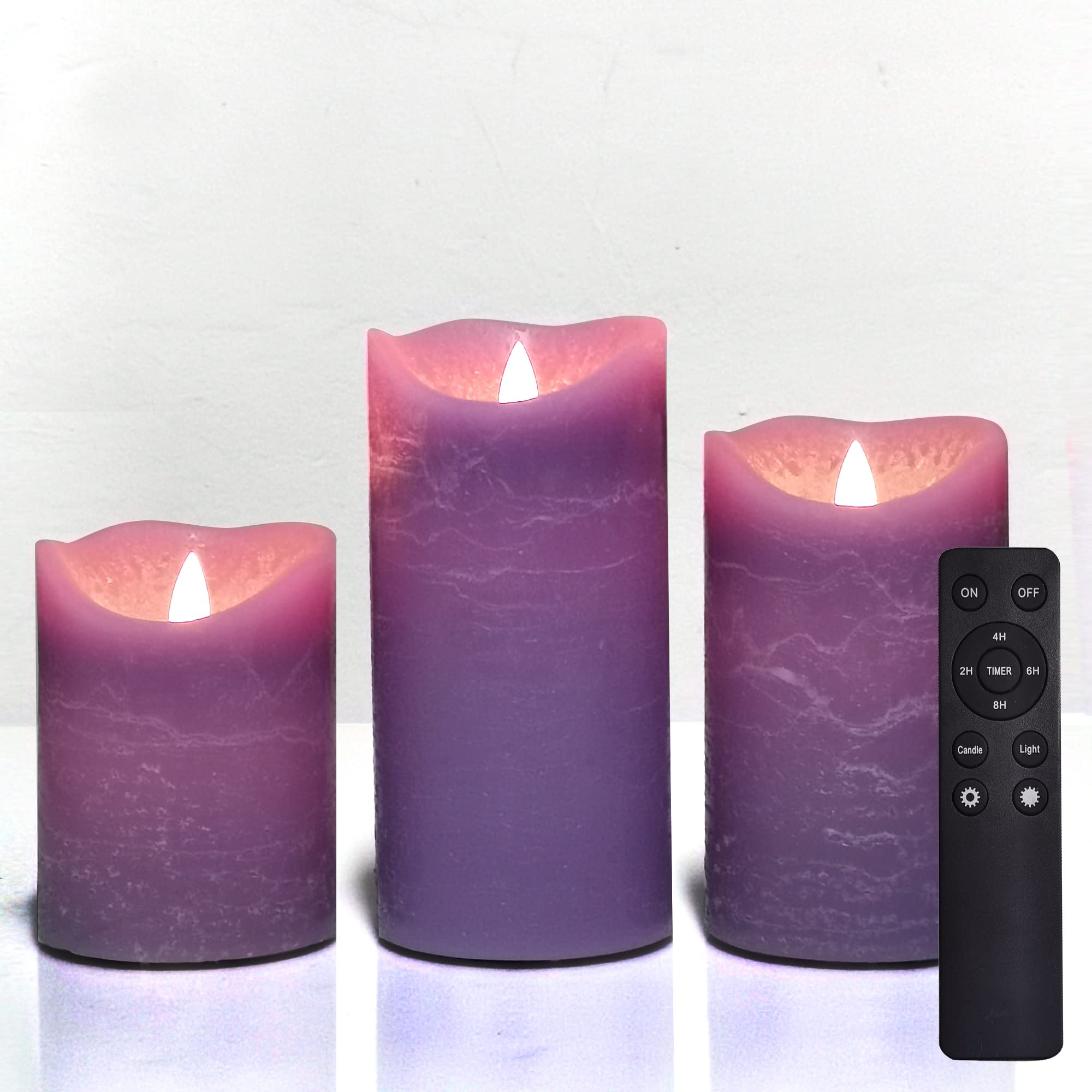 Battery Operated LED Flameless Pillar Candles with Timer and Remote Flickering Electric Bright Real Wax Candles for Home Decor Wedding Birthday Party Decorations, 3Pack D 3" x H 4"5"6"(Purple)