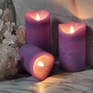 Battery Operated LED Flameless Pillar Candles with Timer and Remote Flickering Electric Bright Real Wax Candles for Home Decor Wedding Birthday Party Decorations, 3Pack D 3" x H 4"5"6"(Purple)