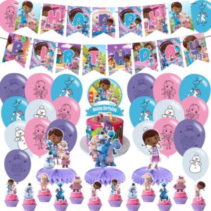 doc mcstuffins party decorations,birthday party supplies for doc mcstuffins party supplies includes banner - cake topper - 12 cupcake toppers - 20 balloons - 3 doc girl honeycomb centerpieces