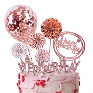 iealods rose gold birthday cake topper decoration with happy birthday candles, acrylic birthday cake topper, confetti balloon and paper fans for rose gold theme birthday party decor girl women