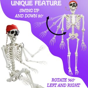 5.4Ft/165cm Life Size Skeleton Halloween Decor, Posable Poseable Human Pirate Skeleton, Full Size Skeleton with Posable Joints Bandana Eye Patch for Halloween Party Outdoor Haunted House Decor