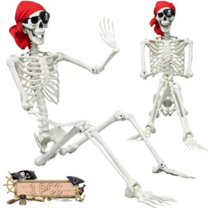 5.4ft halloween life size skeleton, full size realistic human pirate skeleton decoration, full body bones with posable joints for halloween spooky party decoration, indoor outdoor props decor
