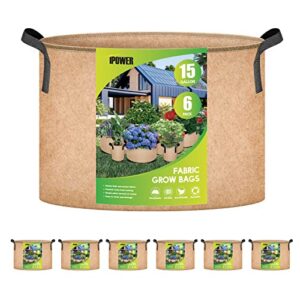 ipower plant grow bag 15 gallon 6-pack heavy duty fabric pots, 300g thick nonwoven fabric containers aeration with nylon handles, for planting vegetables, fruits, flowers, tan 2024 version